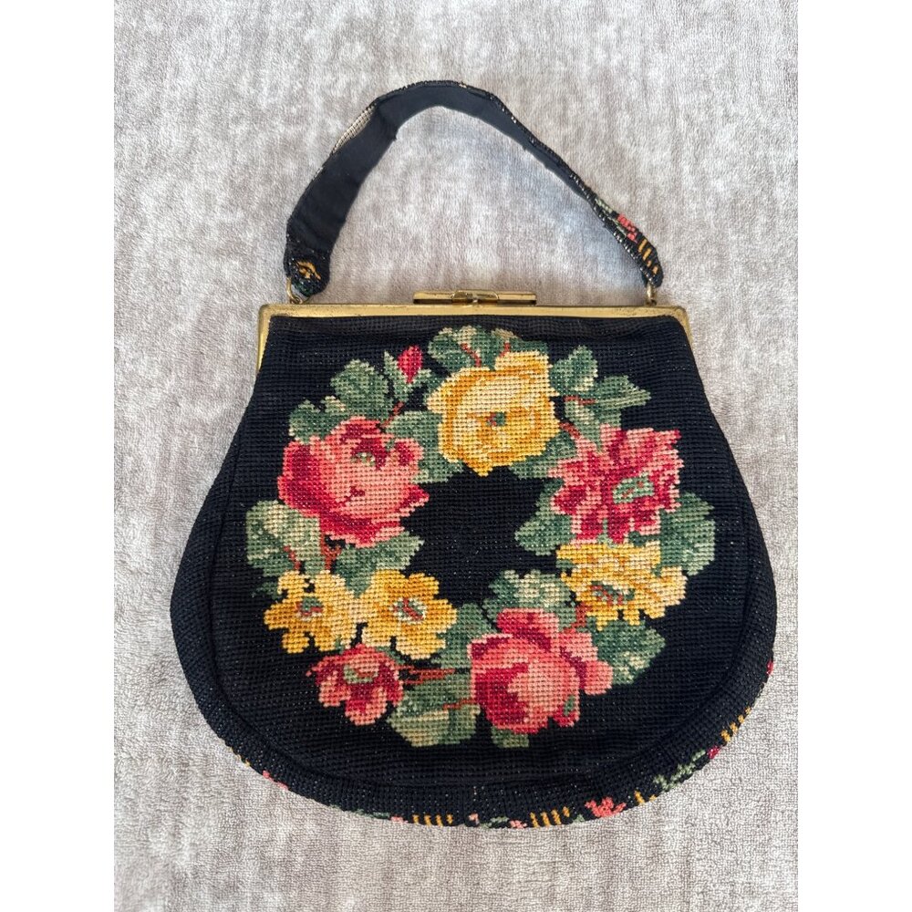 Vintage Floral Needlepoint Top-Handle Bag in Black and Multi